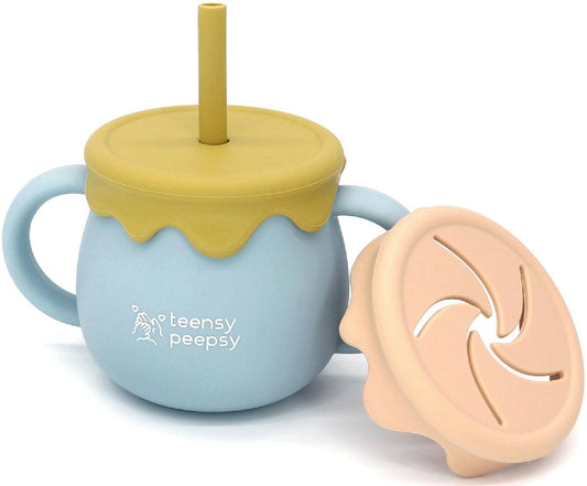 Honey Pot 3-in-1 Silicone Training Cup (Honey Jar Blue) - teensy peepsy