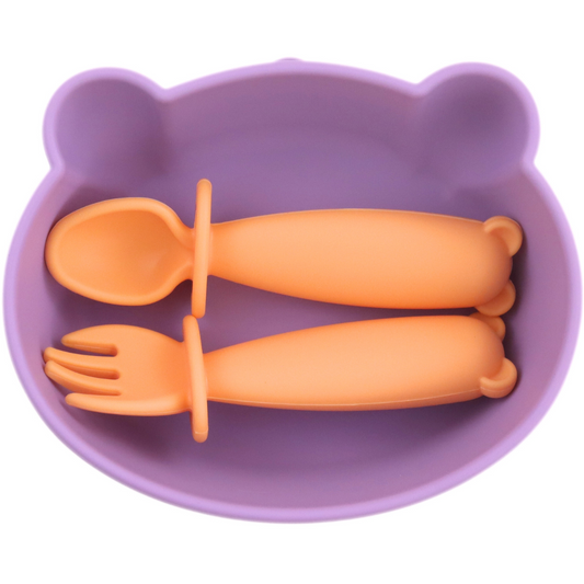 Bear Silicone Baby Bowl Feeding Set (Peach Lilac)